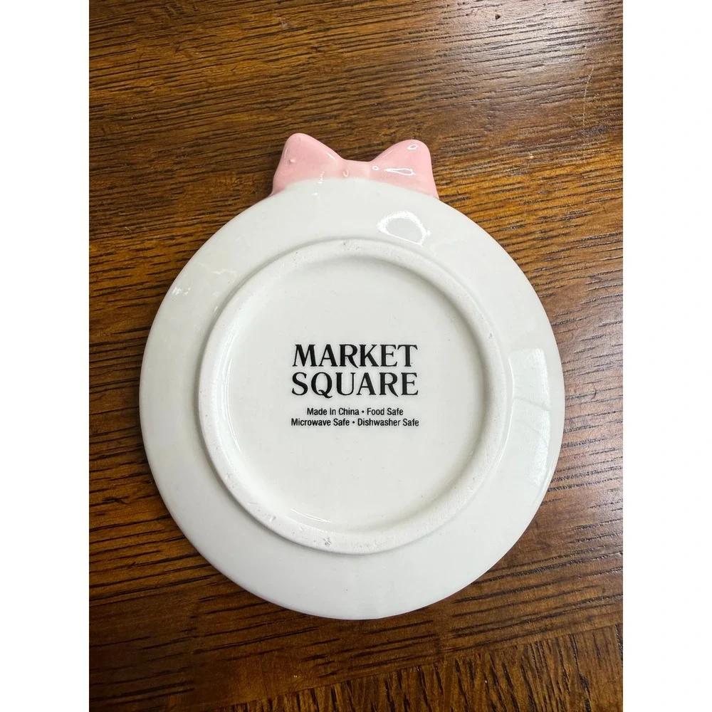 Market Square Pink Bow‎ Ceramic Trinket Dish Jewelry Tray Coquette White Round